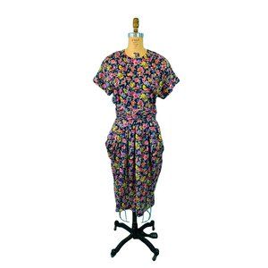 Vintage 80s Floral Dress Womens Medium Watercolor Dress 1940s Style Sheath
